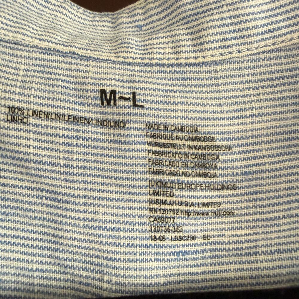 MUJI | Blue and White Striped Linen Boho Boxy Blouson Top | Medium \ Large - Picture 4 of 6